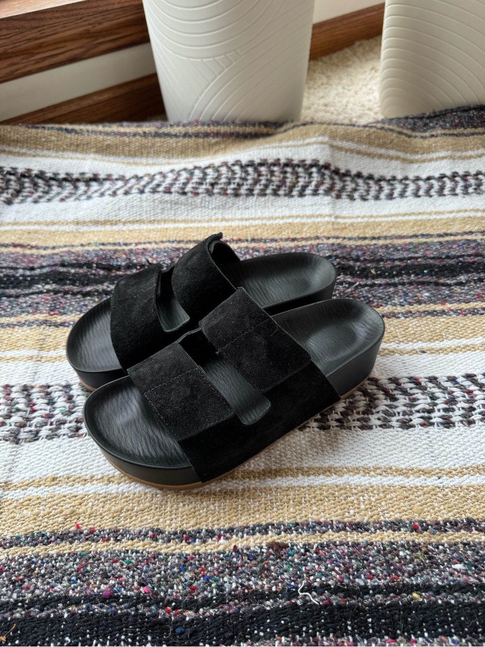 Women's Black Suede Double-Strap Slide Sandals